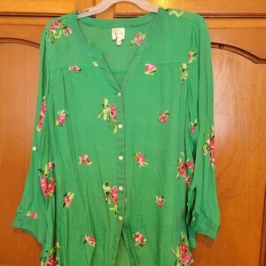 Green Floral Button-Up Women's Top